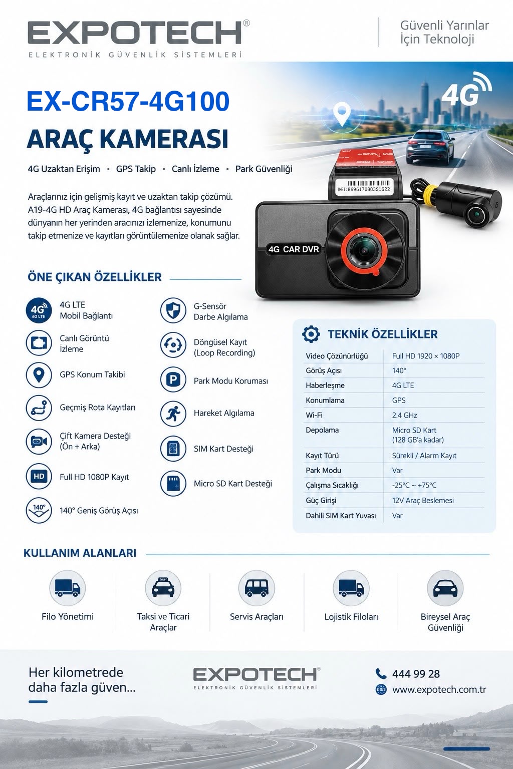 EXPOTECH ARAÇ İÇİ 4G DVR KAMERA EX-CR57-4G100